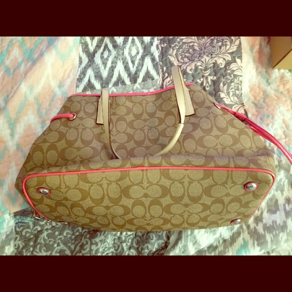 Coach signature khaki pink stripe tote